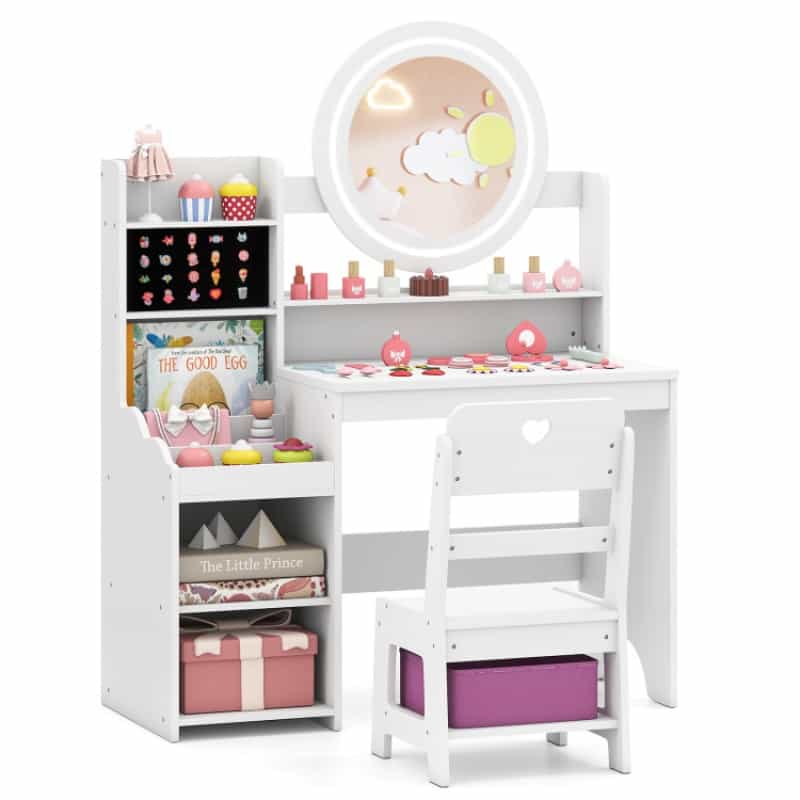 Kids Vanity Desk With Mirror And Lights Princess Pretend Play Dressing Table And Chair Set