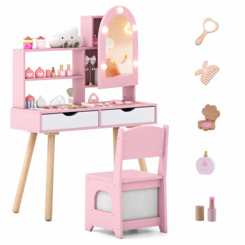 Kids Vanity Set Pretend Play Dressing Table Set With 3-Color Lighting Modes Adjustable Brightness And Mirror Cabinet