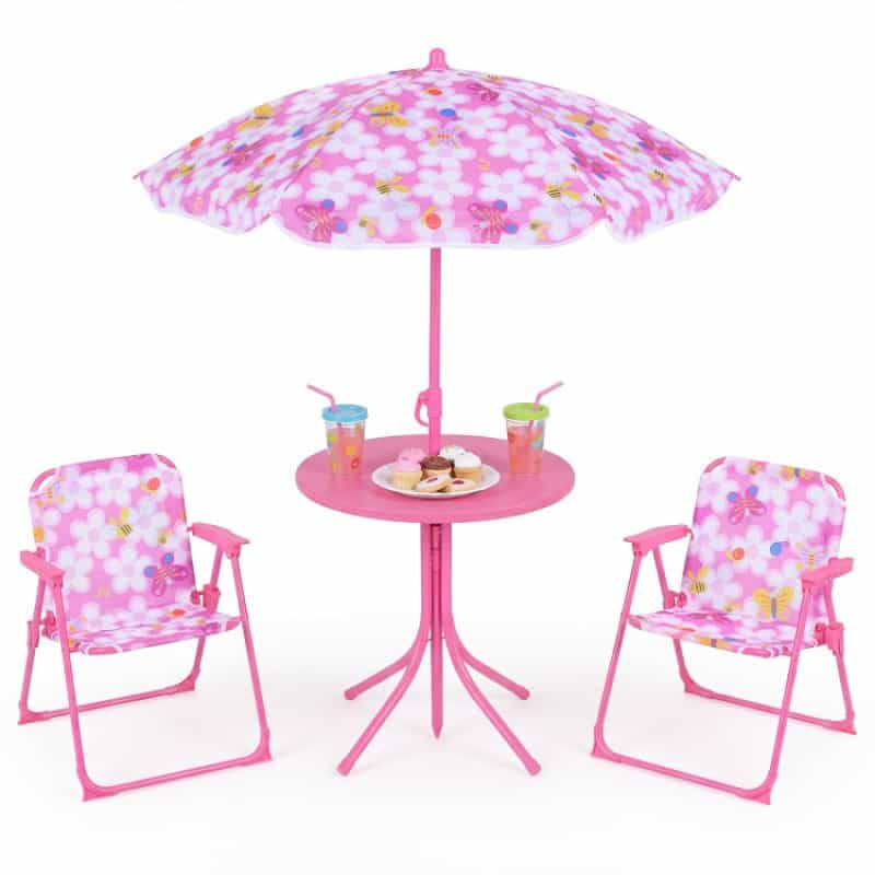 Kids Outdoor Table And Chair Set With 2 Folding Chairs And Height Adjustable Umbrella