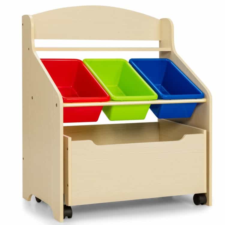 Kids Toy Storage Organizer With Rolling Toy Box And Plastic Bins, Wooden Cabinet