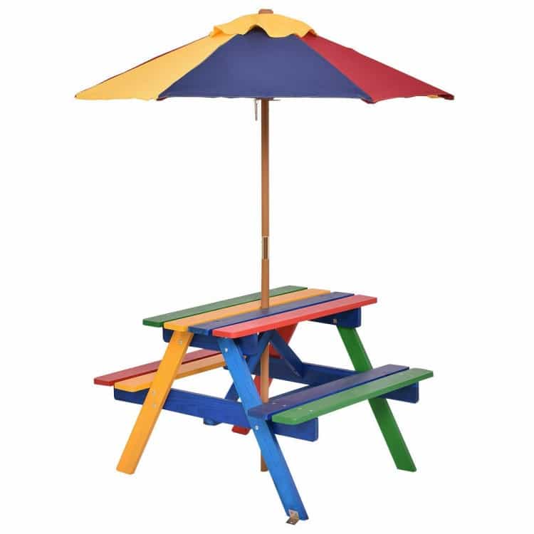 Outdoor 4-Seat Kids Picnic Table Bench Set With Removable Umbrella