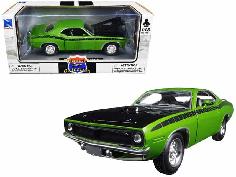 1970 Plymouth Barracuda Green With Black Hood And Stripes "Muscle Car Collection" 1/25 Diecast Model Car By New Ray
