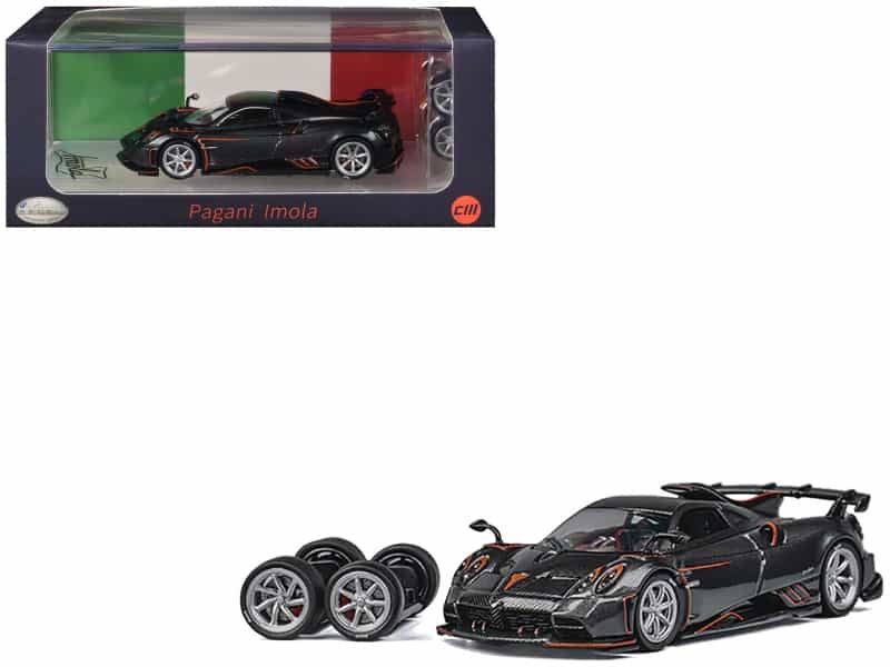 Pagani Imola Dark Gray Metallic With Carbon And Orange Accents With Extra Wheels 1/64 Diecast Model Car By Cm Model