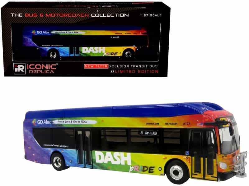 New Flyer Xcelsior Xn40 Transit Bus "Dash Pride Livery" Blue With Rainbow Graphics "The Bus & Motorcoach Collection" Limited Edition 1/87 (Ho) Diecast Model By Iconic Replicas