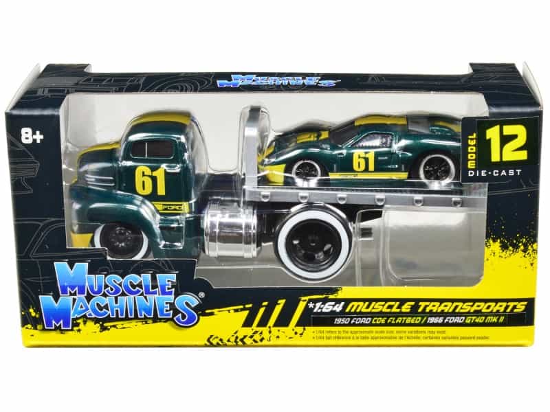 1950 Ford Coe Flatbed Truck #61 And 1966 Ford Gt40 Mk Ii #61 Green Metallic With Yellow Stripes "Muscle Transports" Series 1/64 Diecast Model Cars By Muscle Machines