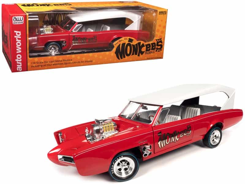Monkeemobile Red With White Top And Interior "The Monkees" With Four Monkees Figure Cutouts "Silver Screen Machines" Series 1/18 Diecast Model Car By Auto World