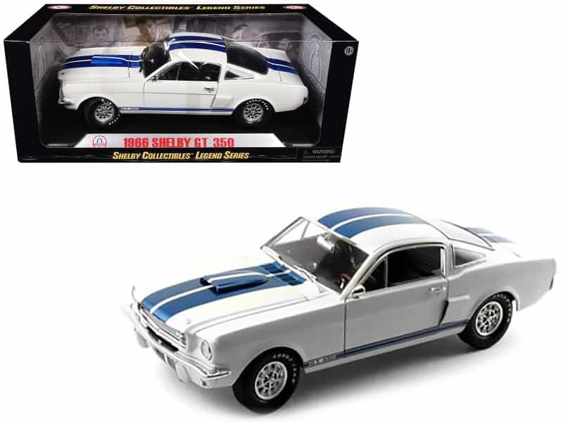 1966 Ford Mustang Shelby Gt350 White With Blue Stripes 1/18 Diecast Model Car By Shelby Collectibles