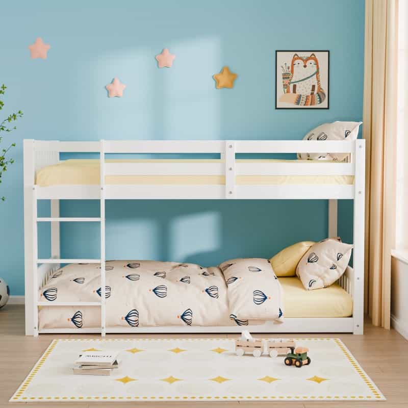 Joymor Solid Pine Low Bunk Bed For Kids - Space-Saving Twin Over Twin Frame With Guardrail & Ladder