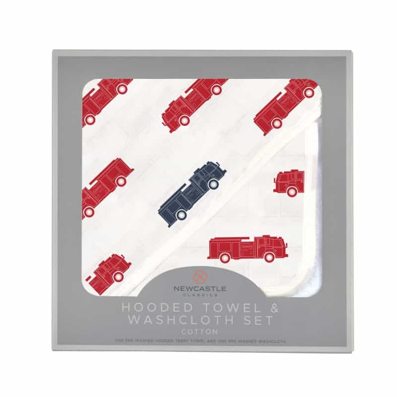 Blue And Red Fire Trucks Hooded Towel And Washcloth Set