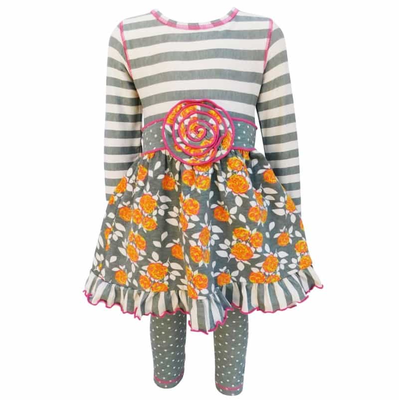 Annloren Boutique Grey Floral & Striped Dress & Polka Dot Leggings Clothing Set