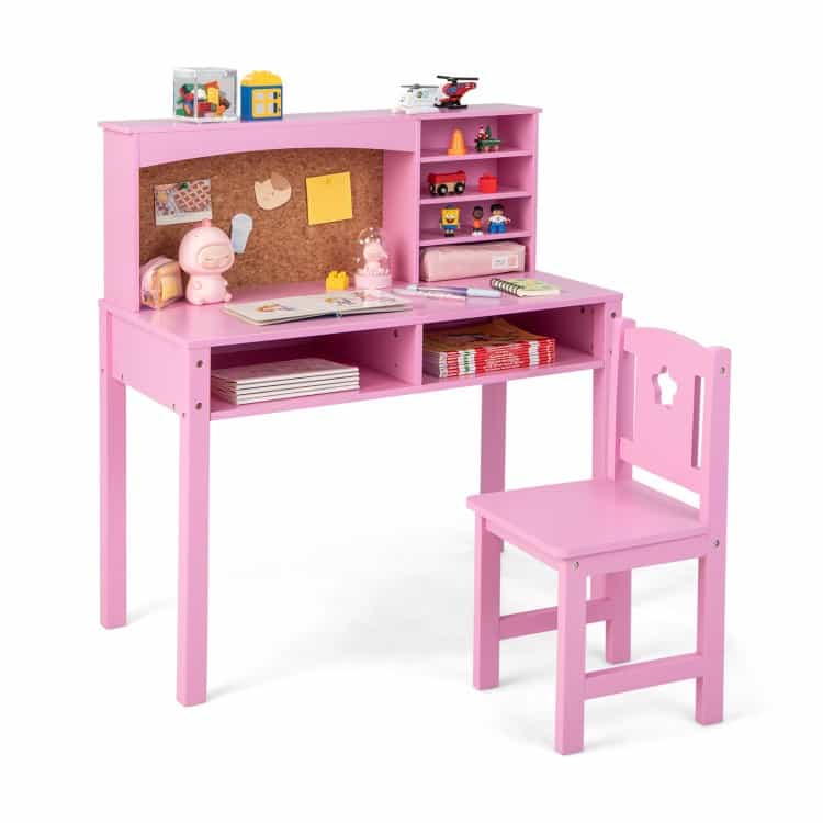 Kids Desk And Chair Set With Hutch And Bulletin Board For 3+ Kids