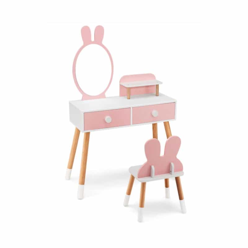 Kids Vanity Table And Chair Set With Drawer Shelf And Rabbit Mirror（Patented）