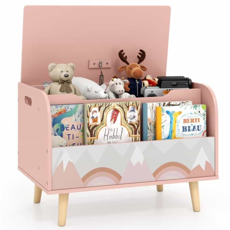 Kids Wooden Toy Box With Front Bookshelf And 4 Solid Wood Legs For Playroom