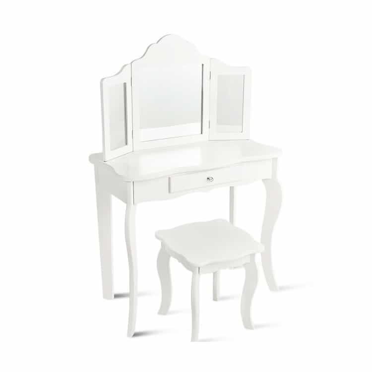 Kids Dressing Vanity Set With Detachable Tri-Folding Mirror And Stool
