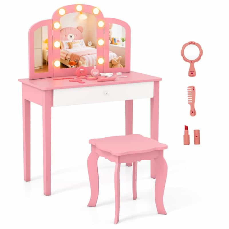 2-In-1 Kids Vanity Table Set With Tri-Folding Detachable Mirror And Lights