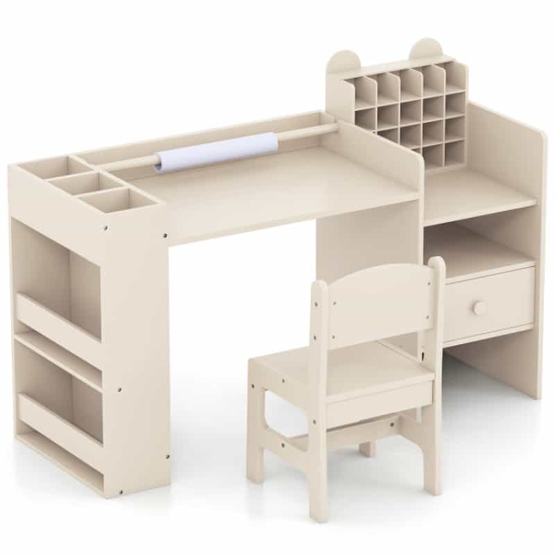 Kids Art Table And Chair Set With Detachable Paper Roll Holder And Cabinet