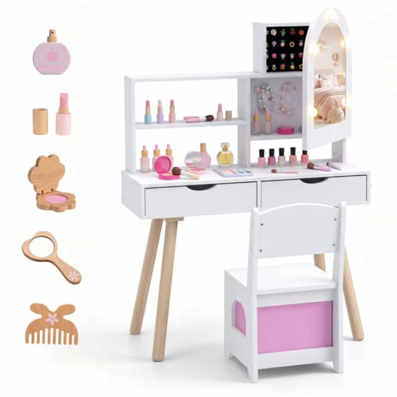 Kids Vanity Set Pretend Play Dressing Table Set With 3-Color Lighting Modes And Mirror Cabinet