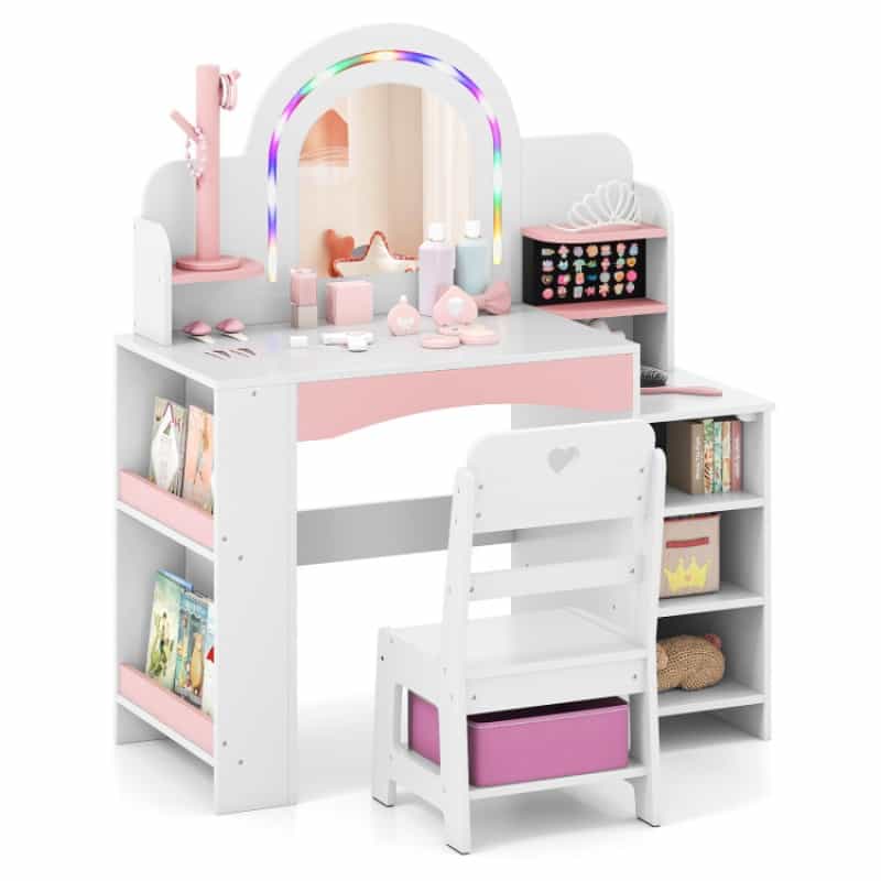 Kids Vanity Set With Colorful Led Lights Princess Makeup Dressing Table With Chair