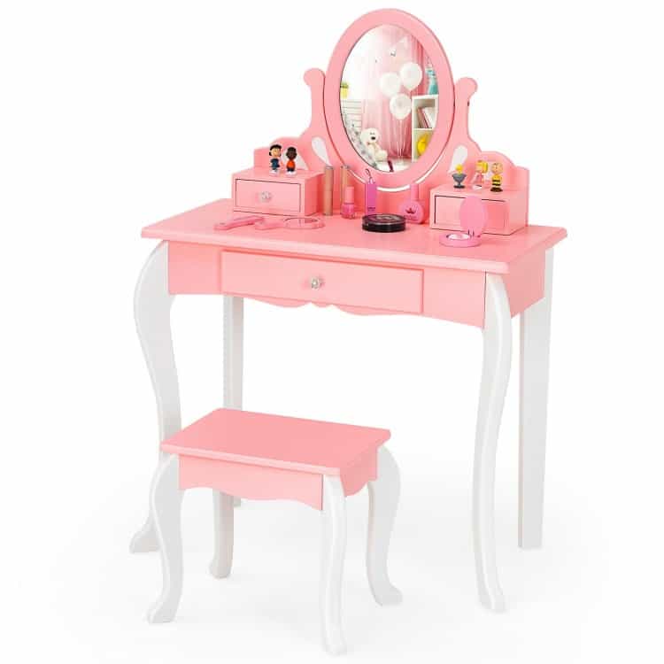Kids Princess Makeup Dressing Vanity Set With Mirror And Drawer