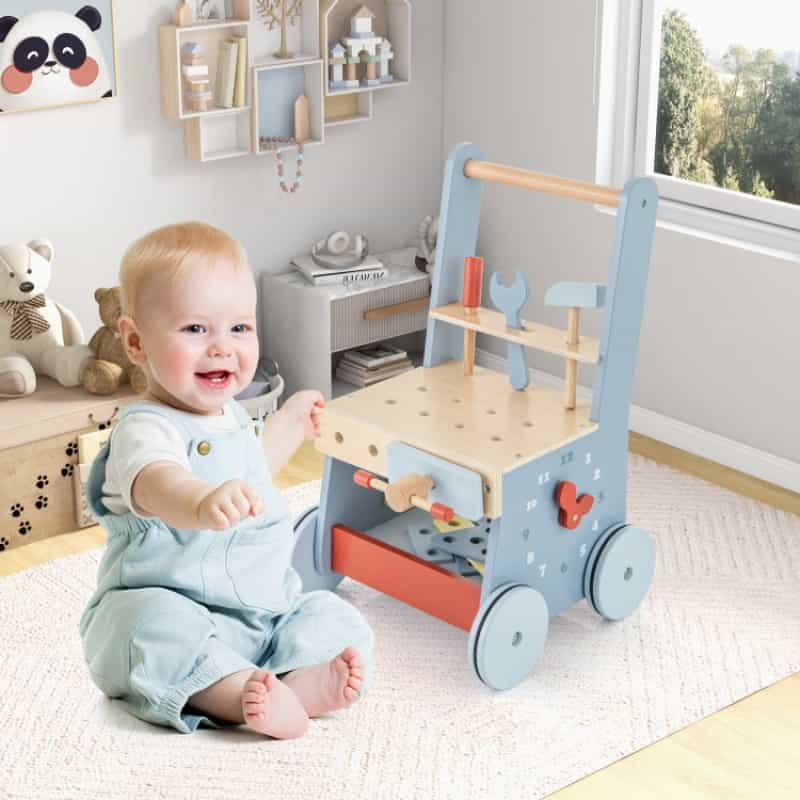 2-In-1 Toddler Wooden Baby Push Walker With Multi-Activity Center