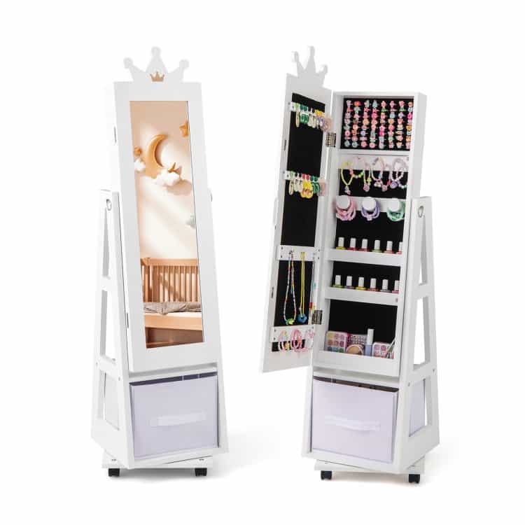 Kids Jewelry Armoire Cabinet With Swivel Base And Lockable Universal Wheels