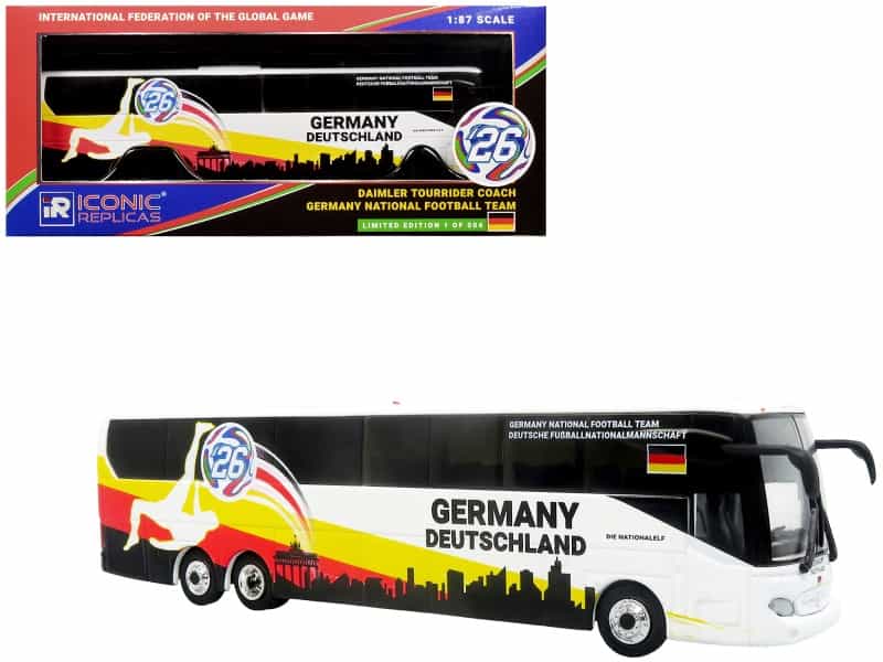 Daimler Tourrider Coach Bus "Germany National Football Team" White With Graphics "International Federation Of The Global Game" Series Limited Edition To 504 Pieces Worldwide 1/87 (Ho) Diecast Model By Iconic Replicas