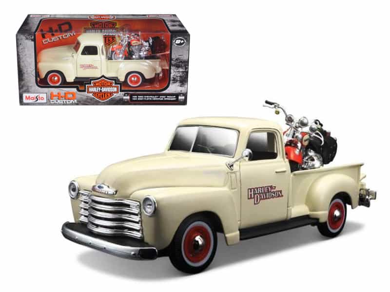 1950 Chevrolet 3100 Pickup Truck Cream 1/25 And 2001 Flsts Heritage Springer Motorcycle Orange 1/24 "Harley-Davidson Custom" Series Diecast Models By Maisto