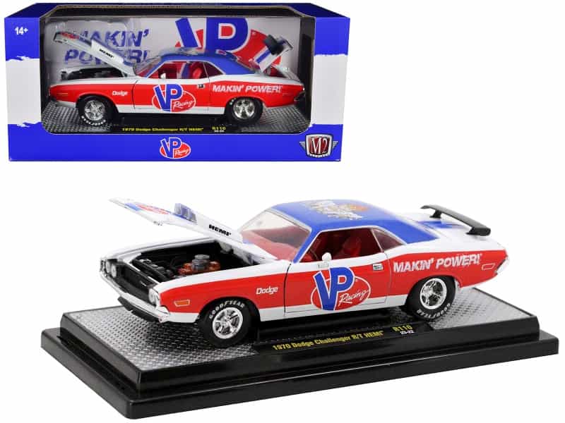1970 Dodge Challenger R/T Hemi White With Red And Blue Stripes With Red Interior "Vp Racing" Limited Edition To 5710 Pieces Worldwide 1/24 Diecast Model Car By M2 Machines