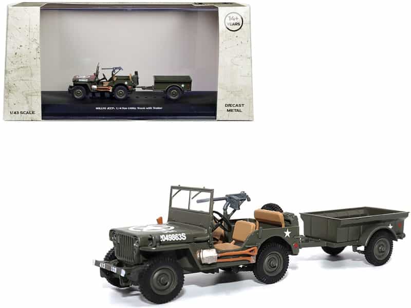 Willys Jeep 1/4-Ton Utility Truck Olive Drab With Trailer "United States Army" 1/43 Diecast Model By Militaria Die Cast