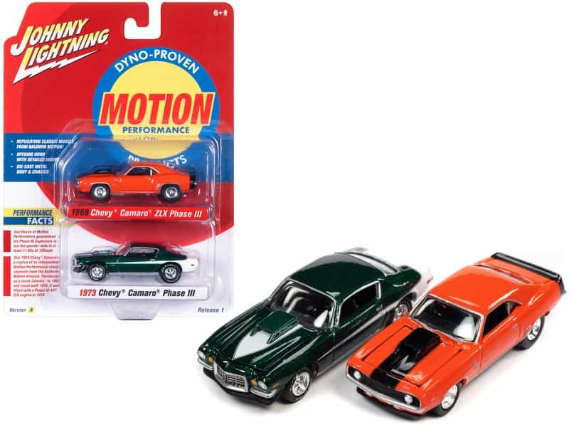 1969 Chevrolet Camaro Zlx Phase Iii Hugger Orange With Black Stripes And 1973 Chevrolet Camaro Phase Iii Dark Green Metallic And White "Baldwin Motion" Set Of 2 Cars 1/64 Diecast Model Cars By Johnny Lightning
