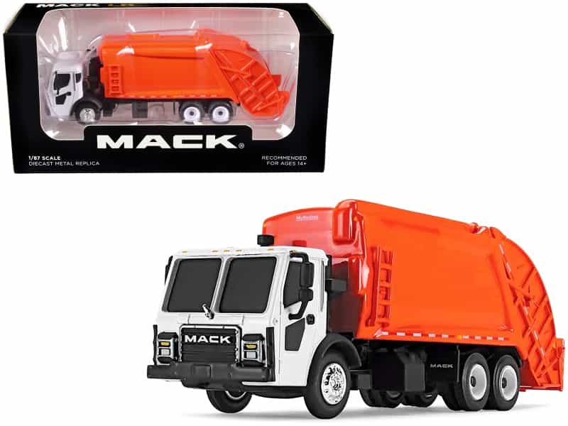 Mack Lr With Mcneilus Rear Load Refuse Body Orange And White 1/87 (Ho) Diecast Model By First Gear