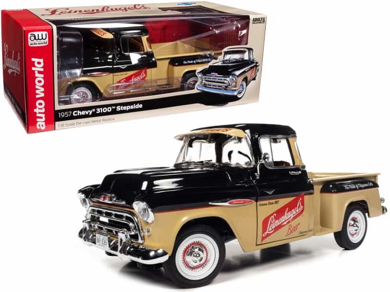 1957 Chevrolet 3100 Stepside Pickup Truck Black And Tan With Graphics "Leinenkugle's Beer The Pride Of Chippewa Falls" 1/18 Diecast Model By Auto World