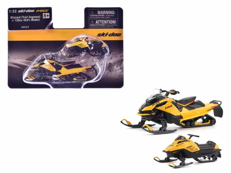 Ski-Doo Mxz Blizzard (Trail Segment) Neo Yellow And Ski-Doo Mxz 120Cc (Kid's Model) Neo Yellow Set Of 2 Snowmobiles 1/32 Diecast Models By Brp Models