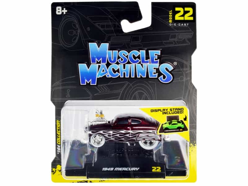 1949 Mercury Custom Coupe Dark Red Metallic With Flames 1/64 Diecast Model Car By Muscle Machines