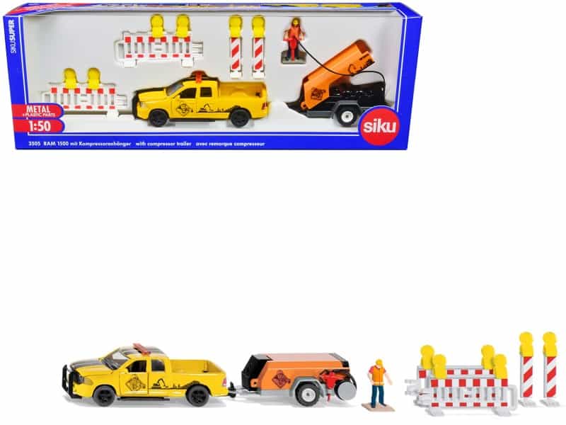 Ram 1500 Pickup Truck Yellow With Compressor Trailer And Worker Figure With Accessories Set 1/50 Diecast Models By Siku