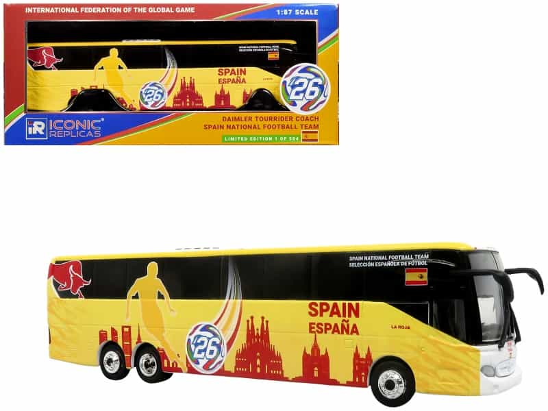 Daimler Tourrider Coach Bus "Spain National Football Team" Yellow With Graphics "International Federation Of The Global Game" Series Limited Edition To 504 Pieces Worldwide 1/87 (Ho) Diecast Model By Iconic Replicas