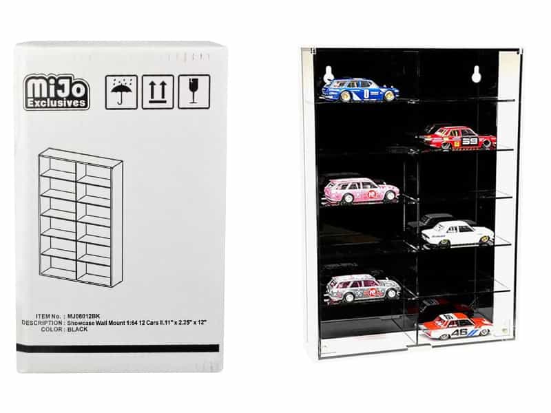 Showcase 12 Car Display Case Wall Mount With Black Back Panel "Mijo Exclusives" For 1/64 Scale Models