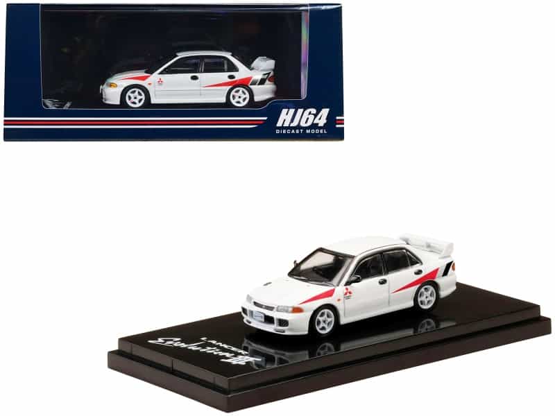 Mitsubishi Lancer Rs Evolution Iii Rhd (Right Hand Drive) Scortia White With Red Rally Stripes 1/64 Diecast Model Car By Hobby Japan