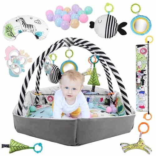 Babyluv 4 In 1 Baby Gym Play Mat Ball Pit Baby Lounger Safety Fence Tummy Time Mat Baby Activity Center With Pillow 18 Balls 9 Toys For 0-3 Years Old