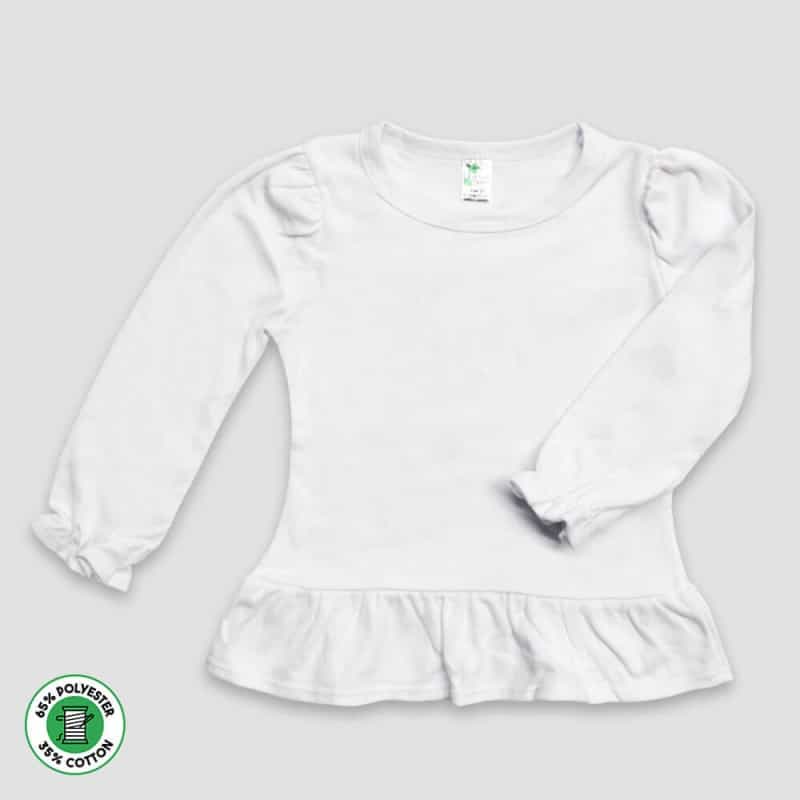Toddler Girls’ Long Sleeve Ruffle T-Shirts – White – Polyester Cotton Blend