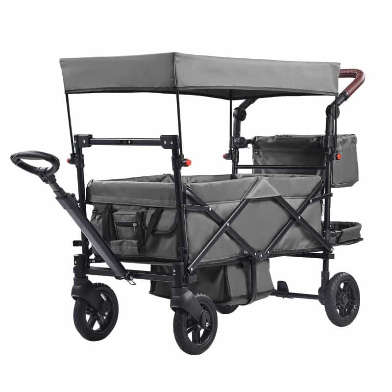 Wagon Stroller For 2 Kids, Push Pull Quad Collapsible Stroller With Adjustable Handle, Encircling Harness Removable Canopy, 4 Wheels W/ Brakes, Mutifunction Tandem Stroller For Camping Dark Grey
